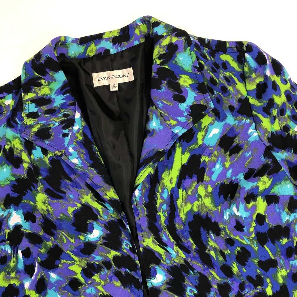 Evan-Picone Blazer Womens 10 Blue Green Abstract Print Open Front Jacket